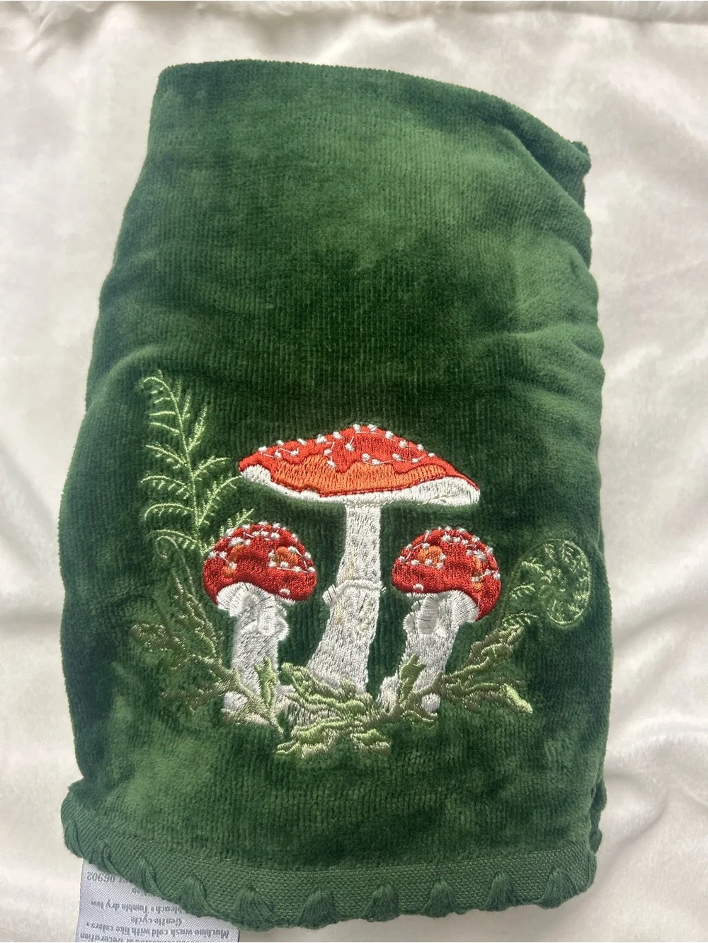 Embroidered Red Mushroom Velvet Hand towels- Forest Green Cottage Core set 2 New